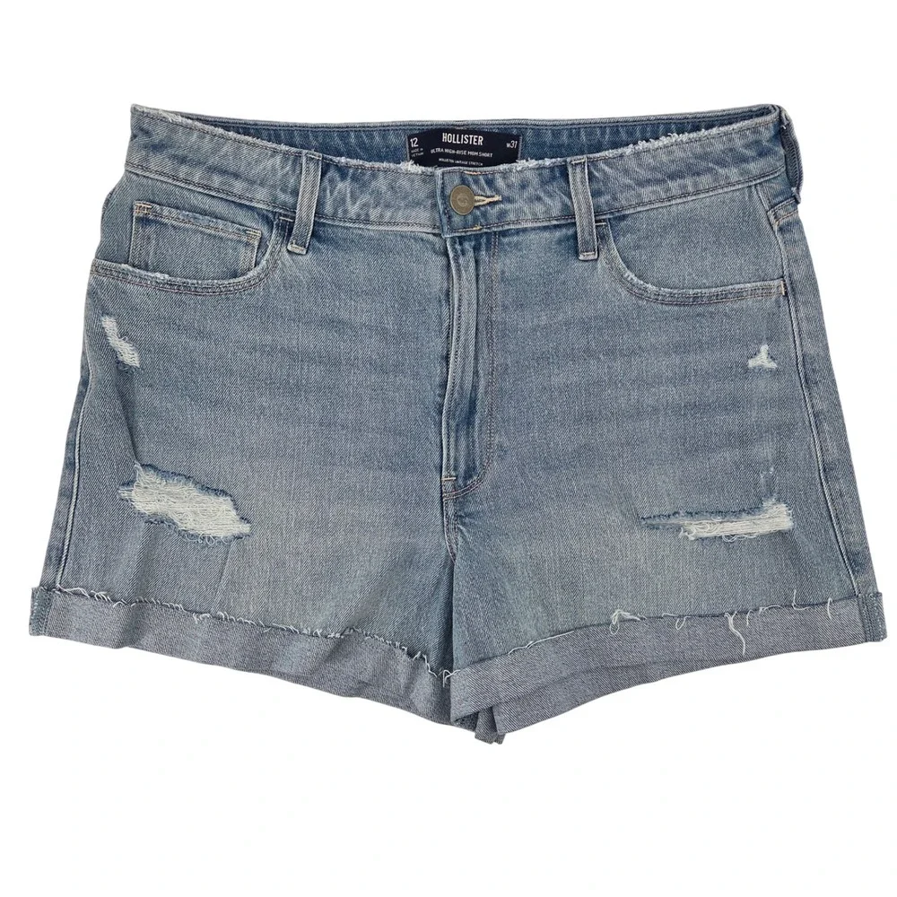 Hollister Ultra High-Rise Mom Short 31 Light Blue Distressed Denim Summer Casual